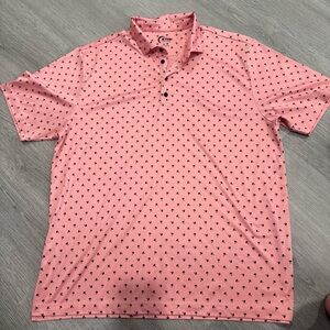 Zyia Actice Coral Polo with Navy Blue Palm Tree Pattern